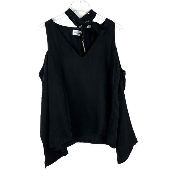 NWT Line & Dot Cupro Cold Shoulder Top Tie Neck Black Size Large L NEW - Picture 2 of 15